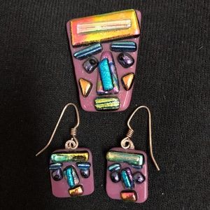 Dichroic Glass Handmade Crazy Face Earrings Plus Brooch